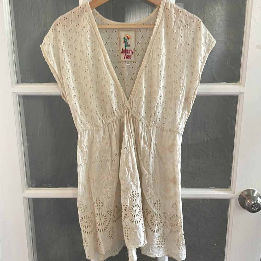 Johnny Was Cream V-Neck Eyelet Blouse